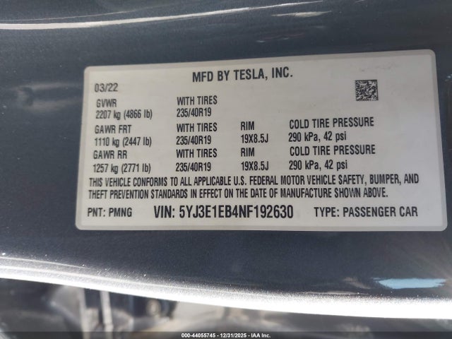 44055745 :رقم المزاد ، 5YJ3E1EB4NF192630 vin ، 2022 Tesla Model 3 Long Range Dual Motor All-wheel Drive مزاد بيع