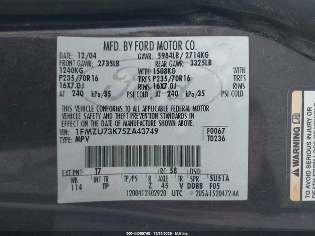 44055748 :رقم المزاد ، 1FMZU73K75ZA43749 vin ، 2005 Ford Explorer Xlt/xlt Sport مزاد بيع