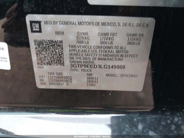 44055826 :رقم المزاد ، 3GTP9EED3LG149869 vin ، 2020 Gmc Sierra 1500 4wd  Short Box At4 مزاد بيع