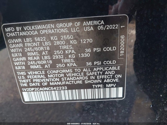 1V2DP2CA0NC542233 Volkswagen Atlas 2.0t Se
