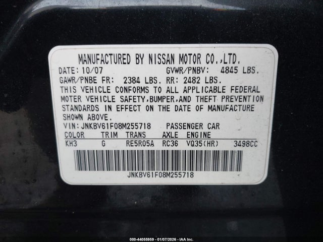 2008 Infiniti G35 მანქანა იყიდება აუქციონზე, vin: JNKBV61F08M255718, აუქციონის ნომერი: 44055959