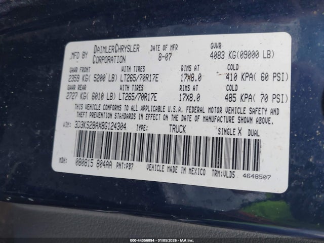 2008 Dodge Ram 2500 Laramie მანქანა იყიდება აუქციონზე, vin: 3D3KS28AX8G124304, აუქციონის ნომერი: 44056094