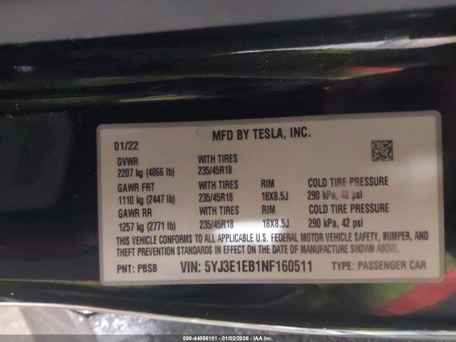 44056181 :رقم المزاد ، 5YJ3E1EB1NF160511 vin ، 2022 Tesla Model 3 Long Range Dual Motor All-wheel Drive مزاد بيع