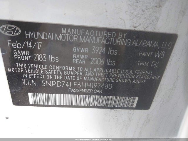 2017 Hyundai Elantra Se მანქანა იყიდება აუქციონზე, vin: 5NPD74LF6HH192480, აუქციონის ნომერი: 44056186