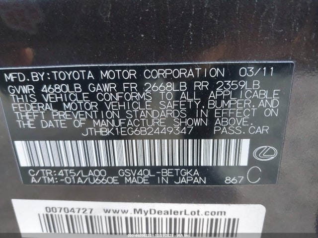 Продажа на аукционе авто 2011 Lexus Es 350, vin: JTHBK1EG6B2449347, номер лота: 44056233