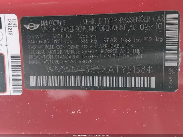 2010 MINI COOPER S WMWMS3C5XATY51384 Photo 8