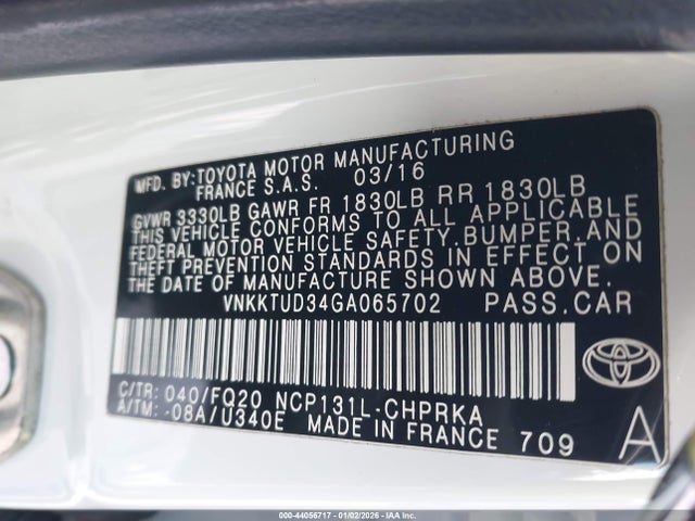 VNKKTUD34GA065702 Toyota YARIS L