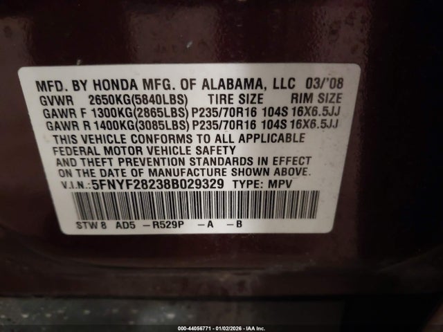 2008 Honda Pilot Vp მანქანა იყიდება აუქციონზე, vin: 5FNYF28238B029329, აუქციონის ნომერი: 44056771