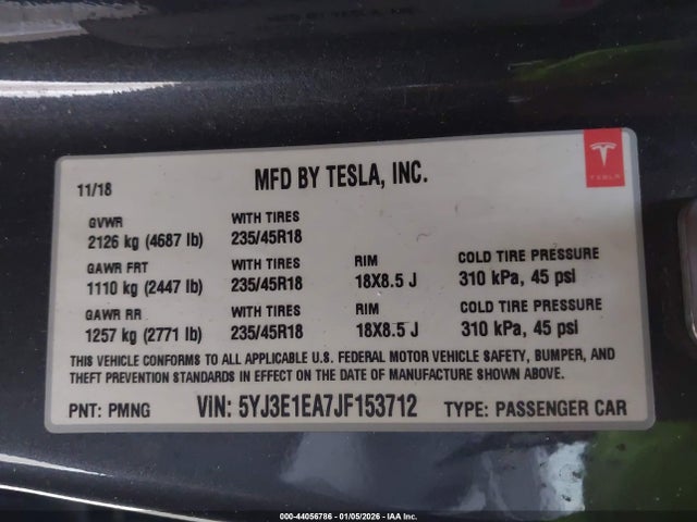 Продаж на аукціоні авто 2018 Tesla Model 3 Long Range/mid Range, vin: 5YJ3E1EA7JF153712, номер лоту: 44056786