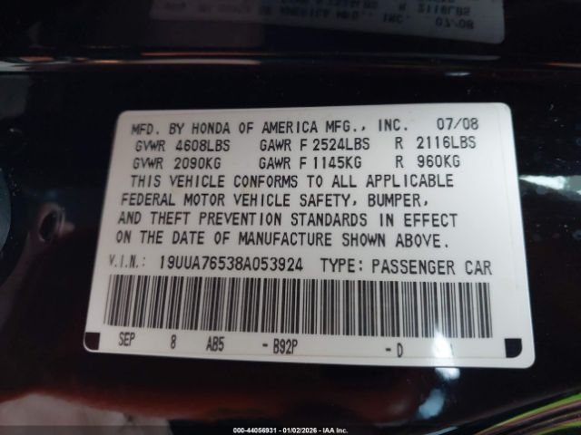 2008 ACURA TL 19UUA76538A053924 Photo 8