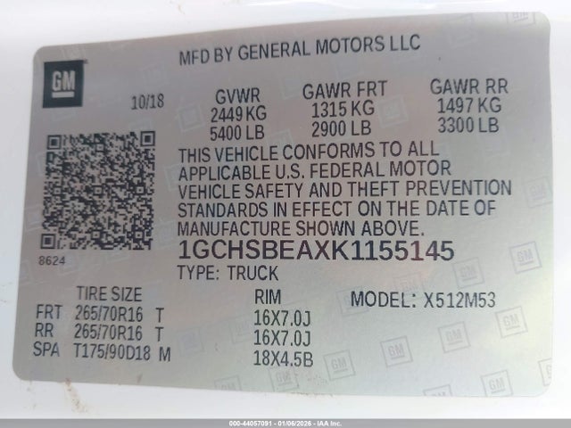 Aukcja sprzedaży 2019 Chevrolet Colorado Wt, vin: 1GCHSBEAXK1155145, numer aukcji: 44057091