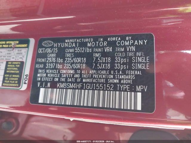 KM8SM4HF1GU155152 Hyundai Santa Fe Se