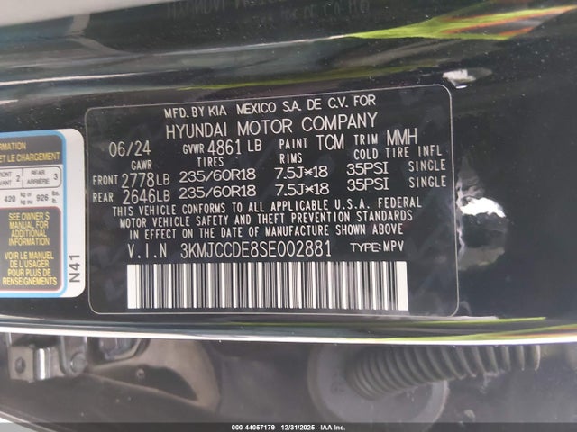 44057179 :رقم المزاد ، 3KMJCCDE8SE002881 vin ، 2025 Hyundai Tucson Sel Convenience مزاد بيع