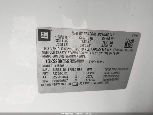 44057229 :رقم المزاد ، 1GKS2BKC6GR254800 vin ، 2016 Gmc Yukon Slt مزاد بيع