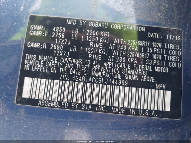 44057234 :رقم المزاد ، 4S4BTACC6L3144999 vin ، 2020 Subaru Outback Premium مزاد بيع