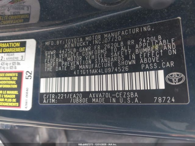 2020 TOYOTA CAMRY 4T1G11AK4LU974526 Photo 8