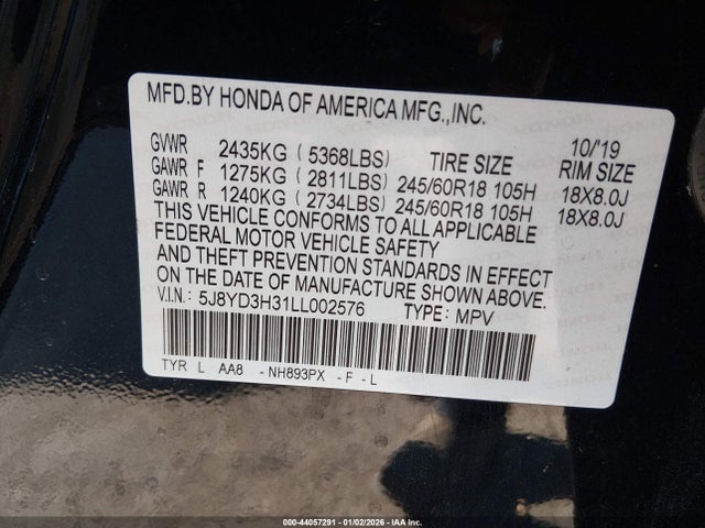 44057291 :رقم المزاد ، 5J8YD3H31LL002576 vin ، 2020 Acura Mdx Standard مزاد بيع