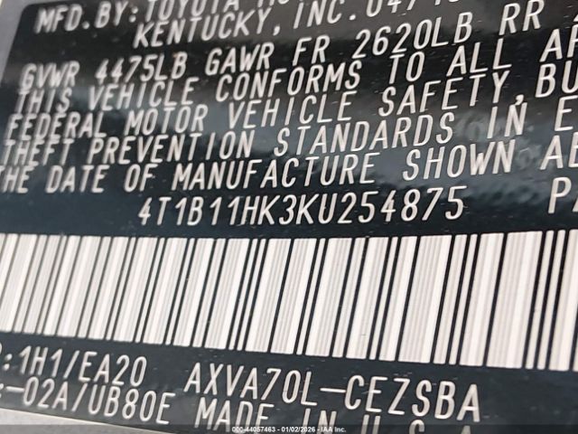 2019 TOYOTA CAMRY 4T1B11HK3KU254875 Photo 8