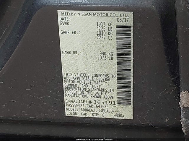 2017 Nissan Altima 2.5 S მანქანა იყიდება აუქციონზე, vin: 1N4AL3AP7HN365191, აუქციონის ნომერი: 44057478