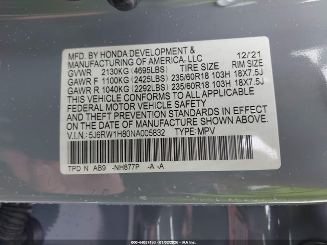 5J6RW1H80NA005832 Honda Cr-v 2wd Ex-l