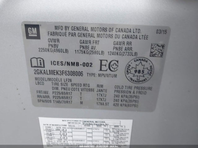 Продаж на аукціоні авто 2015 Gmc Terrain Sle-1, vin: 2GKALMEK3F6308006, номер лоту: 44057503