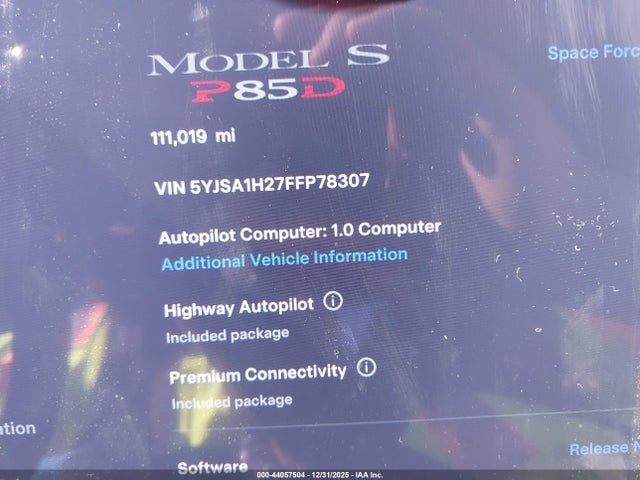 2015 Tesla Model S 70d/85d/p85d მანქანა იყიდება აუქციონზე, vin: 5YJSA1H27FFP78307, აუქციონის ნომერი: 44057504