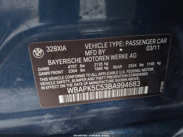 2011 BMW 328I WBAPK5C53BA994683 Photo 8