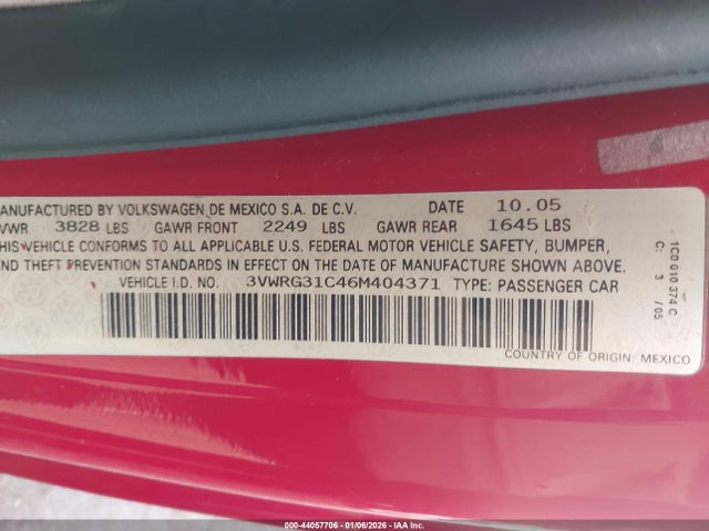44057706 :رقم المزاد ، 3VWRG31C46M404371 vin ، 2006 Volkswagen New Beetle 2.5 مزاد بيع