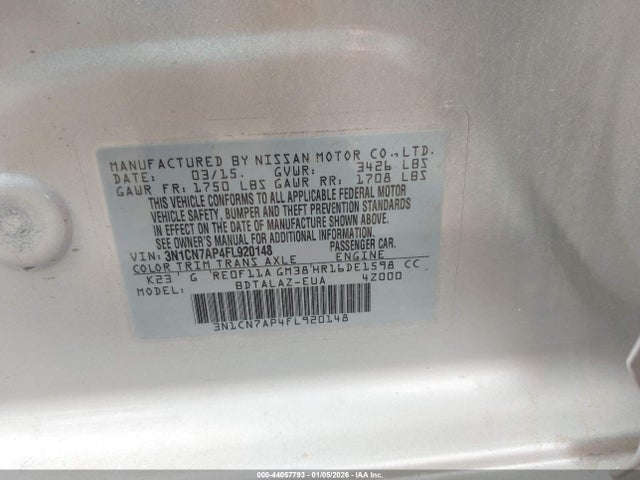Nissan Versa 1.6 S+ 2015 3N1CN7AP4FL920148 Image 9