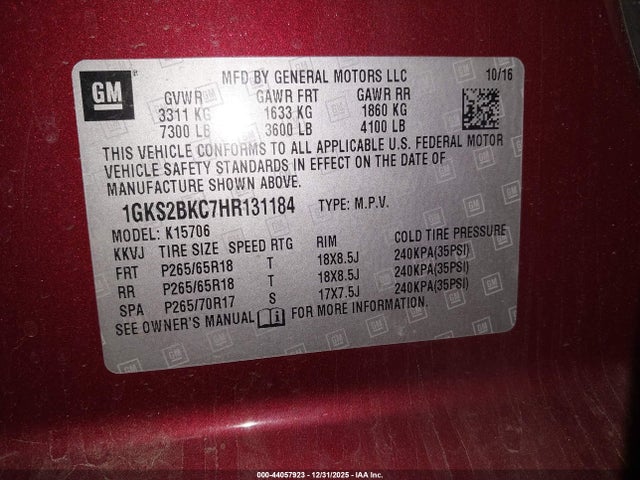 44057923 :رقم المزاد ، 1GKS2BKC7HR131184 vin ، 2017 Gmc Yukon Slt مزاد بيع