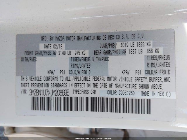 Продаж на аукціоні авто 2018 Mazda Mazda3 Sport, vin: 3MZBN1U7XJM208695, номер лоту: 44057998