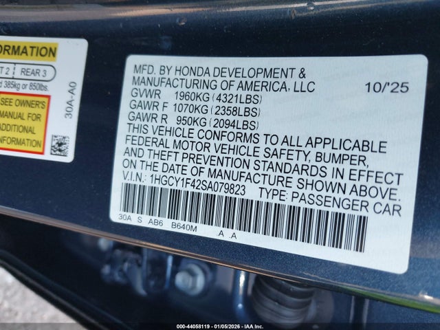 Aukcja sprzedaży 2025 Honda Accord Se, vin: 1HGCY1F42SA079823, numer aukcji: 44058119