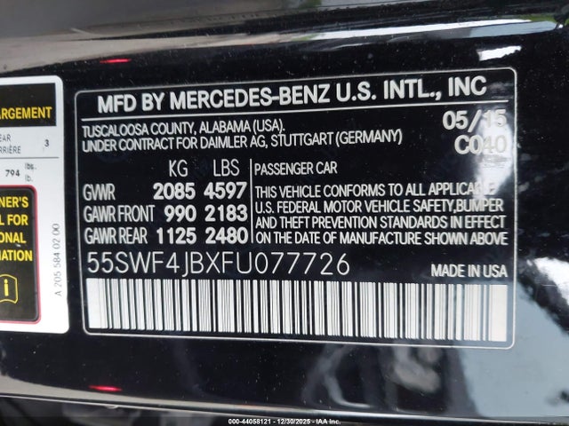 Продаж на аукціоні авто 2015 Mercedes-benz C 300, vin: 55SWF4JBXFU077726, номер лоту: 44058121