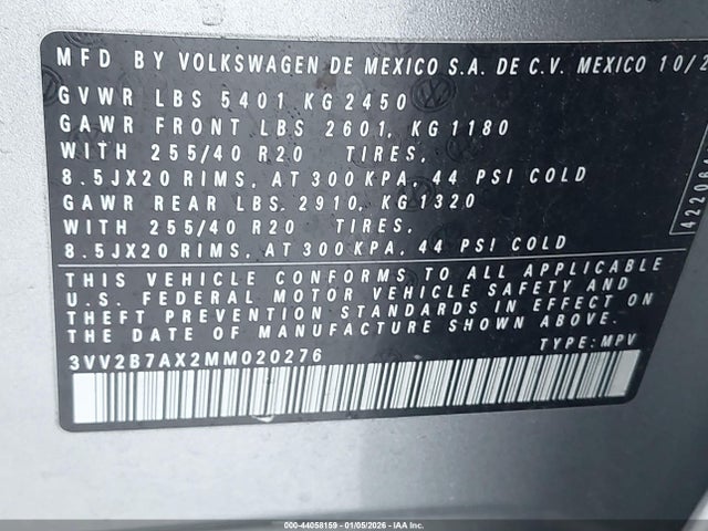 3VV2B7AX2MM020276 Volkswagen Tiguan 2.0t Se/2.0t Se R-line Black/2.0t Sel