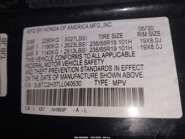 2020 Acura Rdx Standard მანქანა იყიდება აუქციონზე, vin: 5J8TC2H37LL040630, აუქციონის ნომერი: 44058260