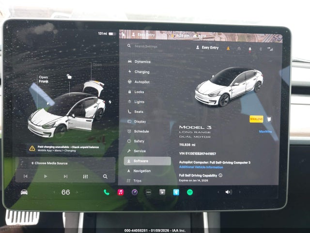 44058281 :رقم المزاد ، 5YJ3E1EB2KF441857 vin ، 2019 Tesla Model 3 Long Range/performance مزاد بيع