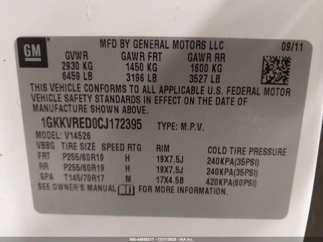 Продажа на аукционе авто 2012 Gmc Acadia Slt-1, vin: 1GKKVRED0CJ172395, номер лота: 44058317