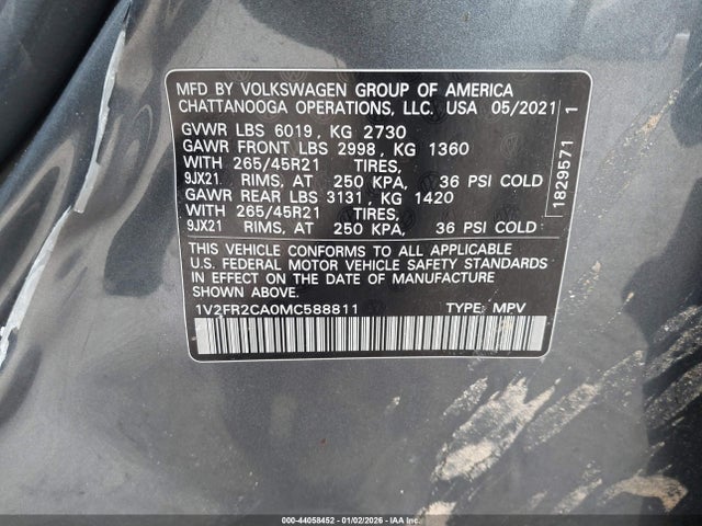 1V2FR2CA0MC588811 Volkswagen Atlas 3.6l V6 Sel Premium R-line