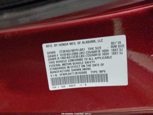 5FNRL6H77JB103888 Honda Odyssey Ex-l