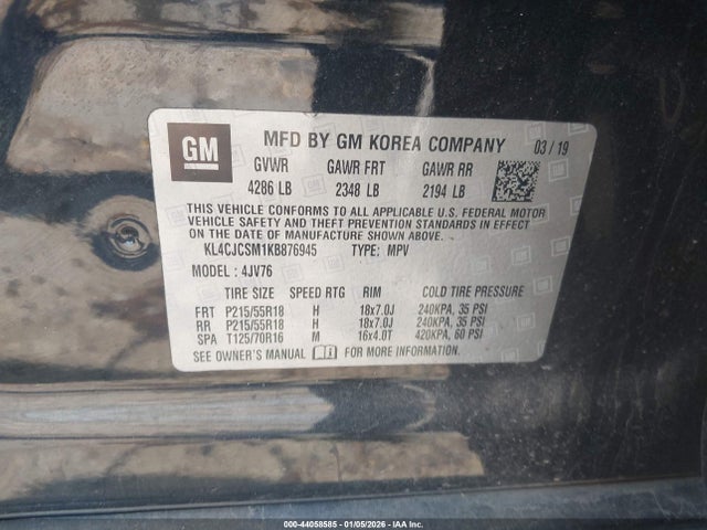 44058585 :رقم المزاد ، KL4CJCSM1KB876945 vin ، 2019 Buick Encore Fwd Essence مزاد بيع