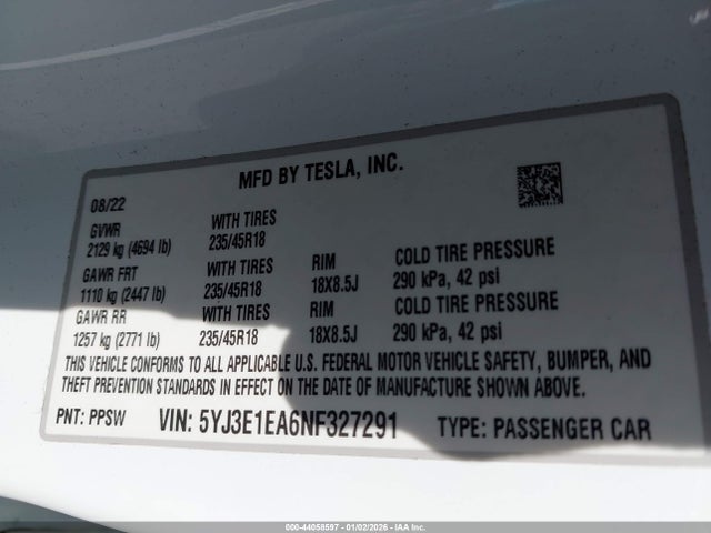 2022 TESLA MODEL 3 5YJ3E1EA6NF327291 Photo 8