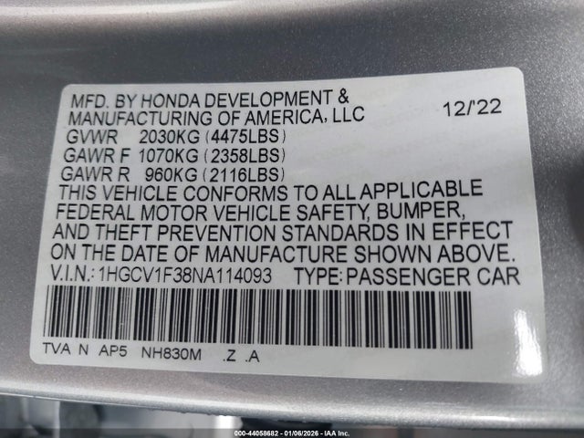 1HGCV1F38NA114093 Honda Accord Sport