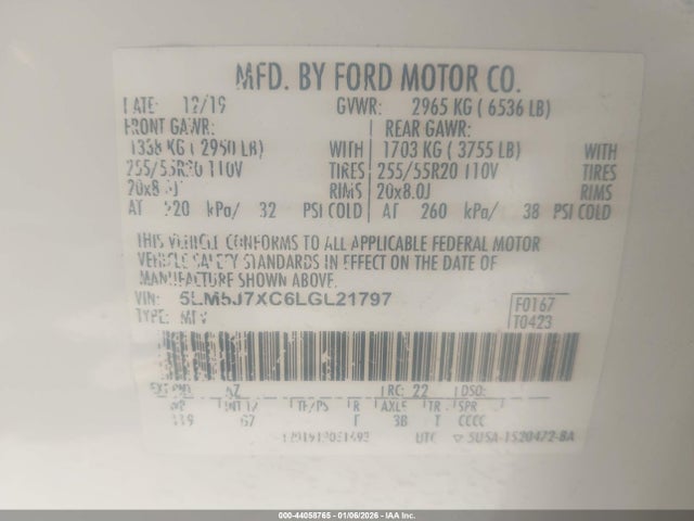 Продажа на аукционе авто 2020 Lincoln Aviator Reserve, vin: 5LM5J7XC6LGL21797, номер лота: 44058765