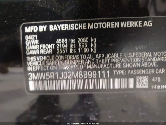 Продаж на аукціоні авто 2021 Bmw 330i, vin: 3MW5R1J02M8B99111, номер лоту: 44058778