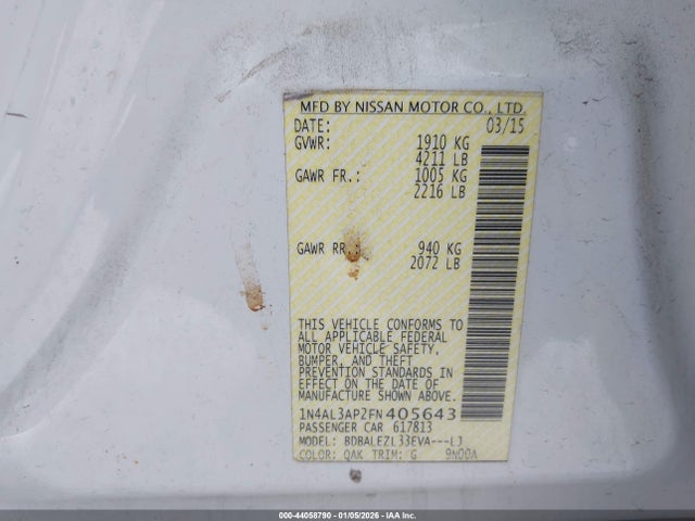 Продаж на аукціоні авто 2015 Nissan Altima 2.5 S, vin: 1N4AL3AP2FN405643, номер лоту: 44058790