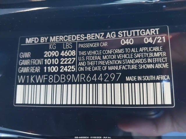 2021 Mercedes-benz C 300 Sedan მანქანა იყიდება აუქციონზე, vin: W1KWF8DB9MR644297, აუქციონის ნომერი: 44058834