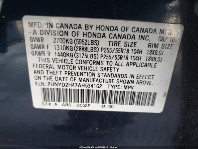 44058908 :رقم المزاد ، 2HNYD2H47AH534162 vin ، 2010 Acura Mdx Technology Package مزاد بيع