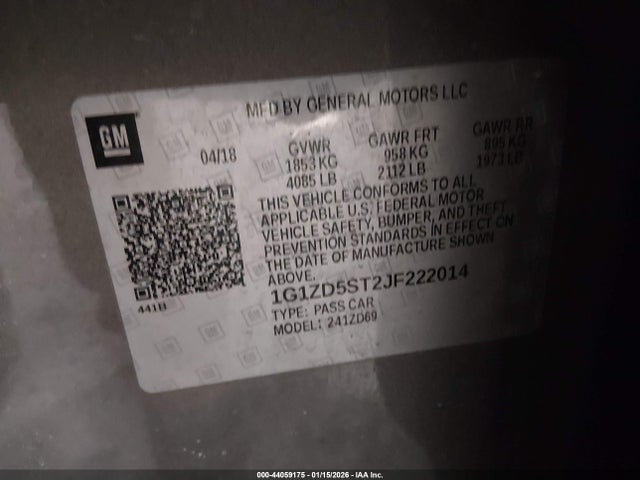 44059175 :رقم المزاد ، 1G1ZD5ST2JF222014 vin ، 2018 Chevrolet Malibu Lt مزاد بيع