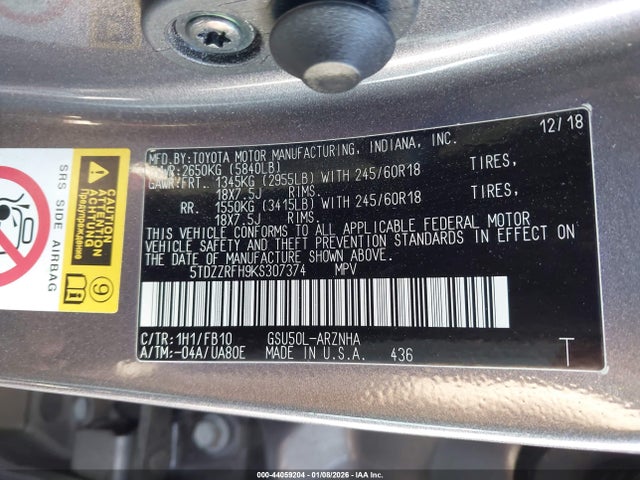 5TDZZRFH9KS307374 Toyota Highlander Le