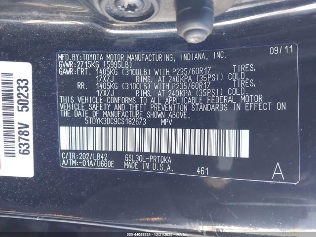 2012 Toyota Sienna Xle V6 8 Passenger მანქანა იყიდება აუქციონზე, vin: 5TDYK3DC9CS182673, აუქციონის ნომერი: 44059224